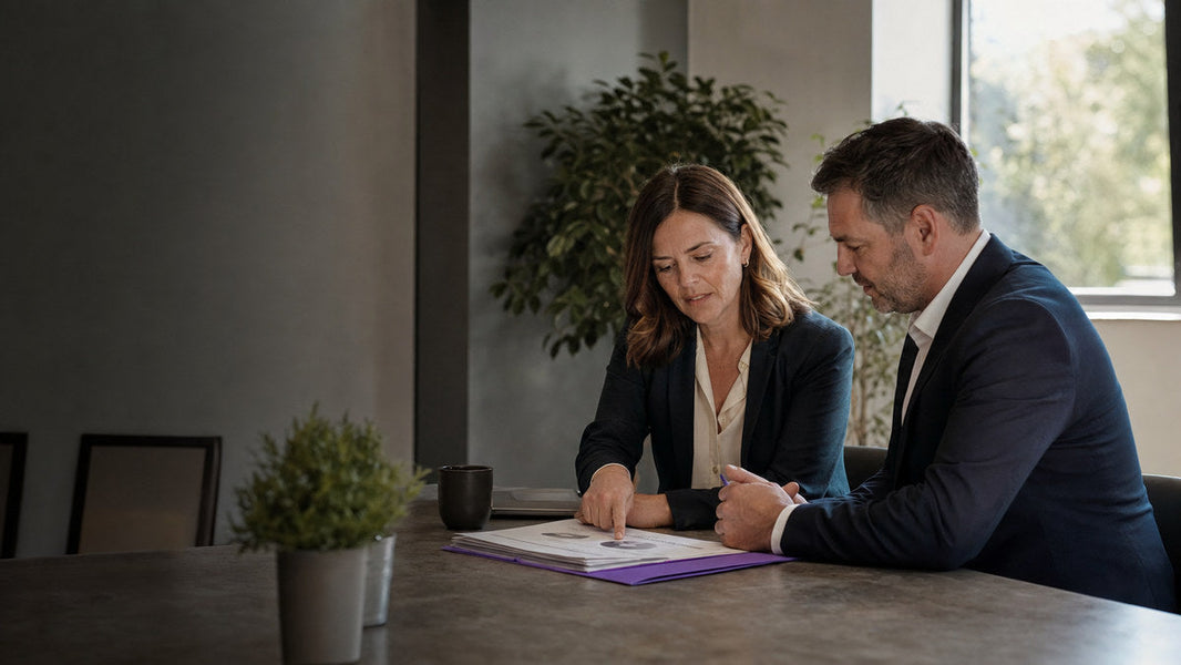 Two business advisers reviewing a performance report together at an office table