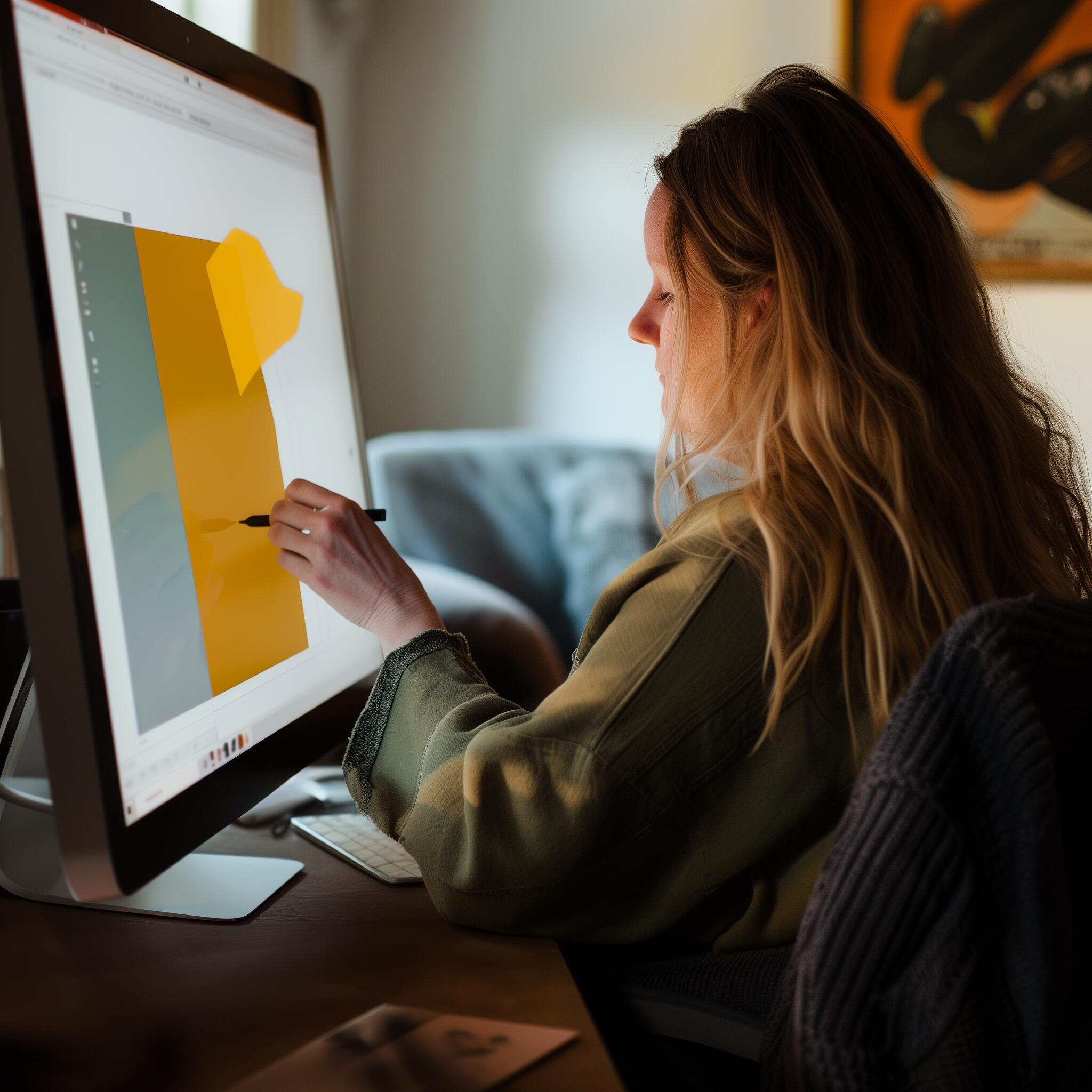 A woman with long hair using a digital tablet to design graphics on a large screen, highlighting her creativity and focus.